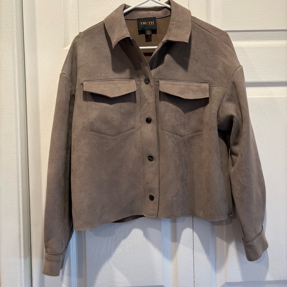 Truth by Republic Faux Suede/Leather Taupe Button Up Jacket - Size Small
